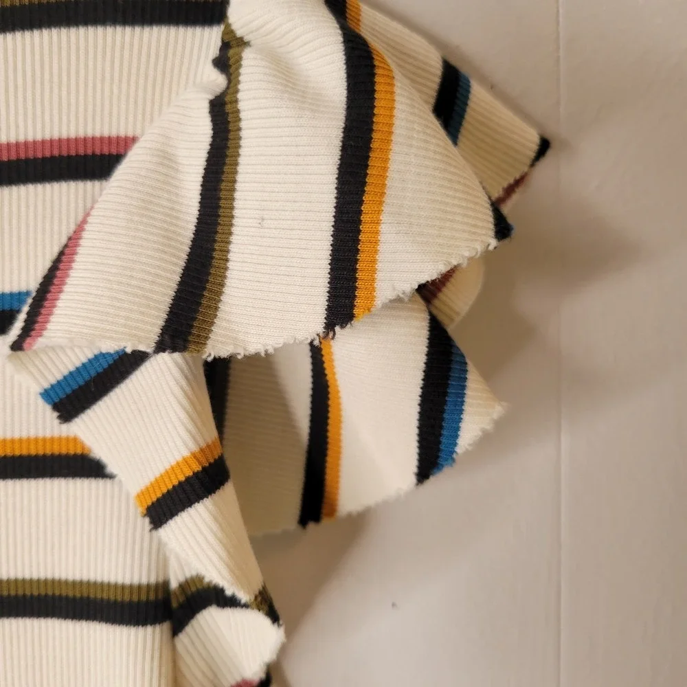 Veronica Beard Jean MultiColor Striped Ruffle Sleeve Ribbed Top Preppy Coastal S - Picture 7 of 15